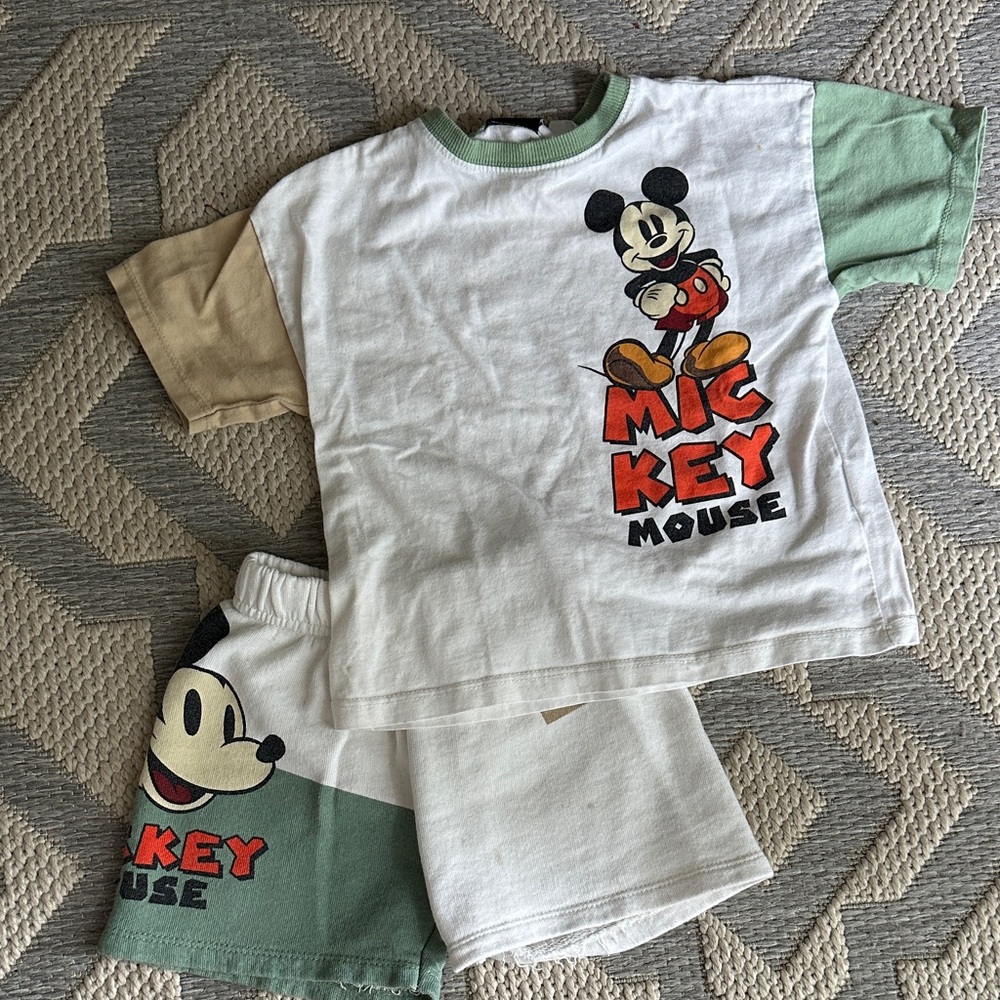 Zara Kids Mickey Mouse Matching Set - White, Green, Tan